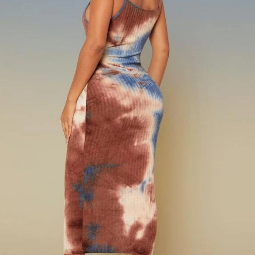 Tie-Dye Ribbed Midi Tank Dress - Blue & Brown - Picture 3 of 3